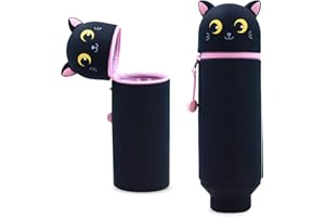 Sykrawki 2 in 1 Weiche Silikontasche mit Reißverschluss | Niedliches Kawaii Federmäppchen | Stiftetasche & Tisch-Organizer für Buntstifte, Marker | Schule & Büro (Schwarze Katze)