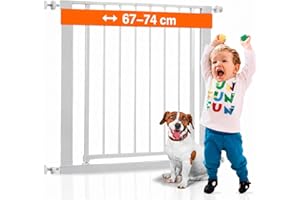 Barrera Seguridad Niños y Perros Escalera - Valla/Puerta Pasillo 67-74cm | Montaje sin taladro - Cierre automático a prueba de niños y perros - Apertura doble sentido - Admite extensiones - Blanco