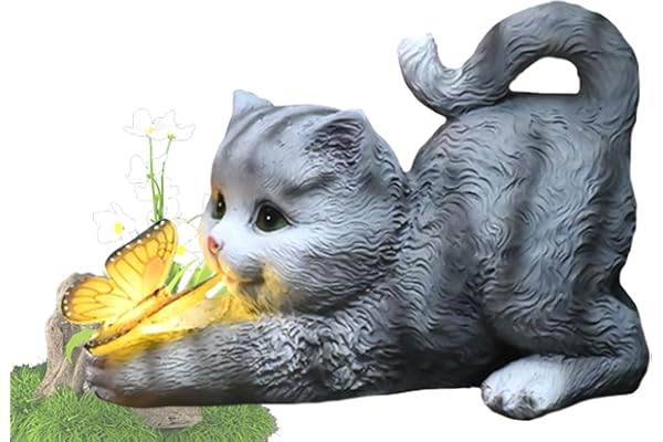 Tuzsocr Statue de Chat à énergie Solaire,Papillons Lampes solaires pour extérieur,Figurine de d'animal décorative pour Jardin,Sculpture en résine étanche,Éclairage LED,pour Pelouse,Terrasse (Style 1)