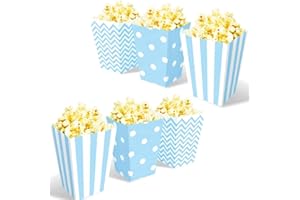 OUOQI Popcorntüten,36 Stück Popcorn Box,Candy Bar TüTen,Snackbox Pappe,Party Papiertüten Streifen Tupfen Wellenförmige Muster für Party Geburtstag Hochzeit Geschenk (Blau)