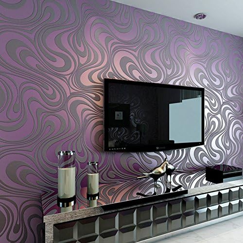 Little Thing Thick Non-woven Modern Luxury Abstract Curve Striped 3D Wallpaper Wall Mural Sticker for Bedroom Livingroom TV Background 0.7x8.4m (Purple)