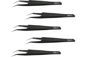AOJE LINK-ELECTRIC Aoje-Link ESD-17 Professional Anti-Static Precision Technology Tweezers, Non-Magnetic Fine Tip Curved, Stainless Steel Plastic Coated, Full Length 125mm, Black, 5pcs