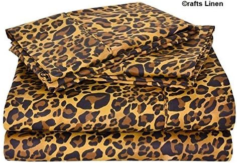 Crafts Linen Egyptian Cotton 300-Thread-Count Sateen One Fitted Sheet & Two Pillow Case Double (+30 CM) Pocket Depth, Leopard Print