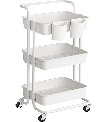 Chariot De Rangement, 4 Niveaux, Desserte Sur Roulettes, étagère, Poignée, 2 Pots, 2 Freins Paniers En Plastique Montage Facile Chambre Cuisine Noir