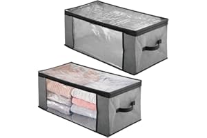 mDesign Juego de 2 cajas organizadoras de tela – Prácticas cajas para guardar ropa y ropa de cama – Sistema de almacenaje con cremallera y ventana de visualización – gris/negro