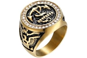 PIKALF Anello di ancoraggio USN per uomini, anello di aquila volante d'oro, anello di ancoraggio marinaio pirata nautico di cristallo bianco, anello della Marina degli