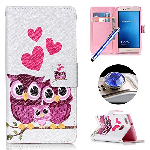 Etsue für Huawei P9 Lite Eulen Rot Liebe Herz Ledertasche Lederhülle Flip Cover Case Muster, Bunte Retro Vintage Painted PU Leder Brieftasche Schutzhülle Tasche Wallet Case Handyhüllen Etui Schale im Bookstyle mit Standfunktion Kredit Kartenfächer für Huawei P9 Lite + 1x Glitzer Staub Stecker + 1x Blau Eingabestift(Funny Owls Love Heart)