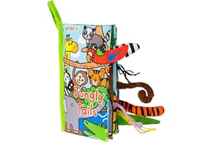 HECCEI Baby Cloth Book, Soft Crinkle Books with Animals Tail Activity Toddler Early Development Interactive Sensory Books for Babies Infant Toddler (Jungle Tails)