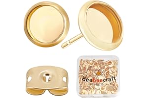 Beebeecraft 1 Caja 50 bandejas de Biseles para Pendientes Espacios En Blanco Chapados En Acero Inoxidable Ajustes de Poste de Punta de Cabujón Redondo Accesorios para Pendientes con Bandeja