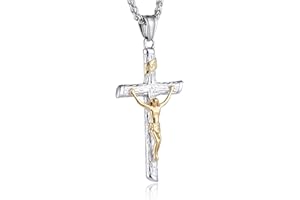 HZMAN Men Women Crucifix Cross Pendant Baptism Christian Jewelry Stainless Steel Jesus Necklace with 22+2“ Chain