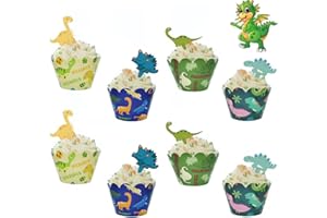 OUOQI Magdalenas De Dinosaurios,24 Dinosaurio Cupcake Topper,24 Cupcake Wrappers Dinosaur,Adorno de Cupcake de Dinosaurio,Topper Decoración Para Envolturas de la Magdalena,Fiesta de Cumpleaños Familiar (2)