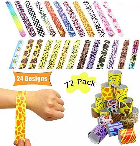 Gomech 72 Pcs Fun Slap Bracelets Little Toys Party Favor Pack with Colorful Hearts Emoji Animal Print Design Retro Slap Bands for Girls, Boys and Kids.
