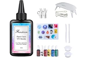 FRENSHION Lámpara UV + 100G Actualización 45S Curado rápido Resina dura transparente Pigmento de color + Molde + Herramienta + Guante para joyería artesanal DIY Pendientes Collar Pulsera