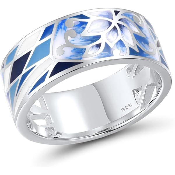 Tobestu Blue Lotus Ring Enamel Flower Design Jewelry - White Gold