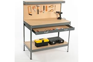 SwitZer New Grey Steel Garage Tool Box Toolbox Work Bench Workbench Storage With Drawers Pegboard and 20 Pegs Shelf DIY Workshop Station