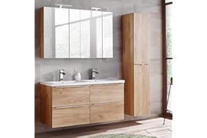 Lomadox Komplett Badmöbel Set mit Doppel-Waschtisch 120cm aus Keramik 120cm, inkl. 2 Spiegelschränke, Wotaneiche & Hochglanz weiß, Breite 175cm