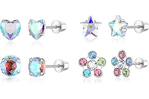 VYYU Cute Earrings for Girls Women - Heart/Star/Flower Hypoallergenic Earrings with Screwback Back, Cubic Zirconia Studs Girls Jewellery Christmas Birthday Gifts for Kids Jewellery