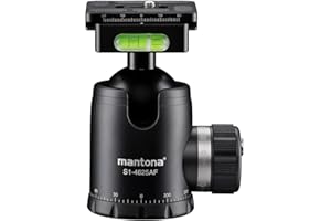 Mantona Fortress Kugelkopf 46 mm bis 25 kg, Stativkopf mit 360° Panorama-Funktion & 3 Wasserwaagen, inkl. Schnellwechselplatte und Friktionswegkontrolle