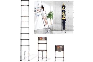 BRIEFNESS Teleskopleiter, 3,8 m, zusammenklappbar, Mehrzweck-Verlängerungsleiter, tragbar, ausziehbar, Teleskopleiter, zusammenklappbar, für Garten, Dachboden, Büro, Wohnmobil, Auto, 150 kg Kapazität EN131