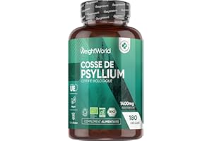 WEIGHTWORLD Psyllium Blond Bio 180 Gélules Vegan pour 3 Mois -Tégument de Graine de Plantago Ovata - Cosse de Psyllium Husk Riche en Fibre Alimentaire, Alternative à la Poudre - Sans Gluten & OGM, Fabriqué en UE