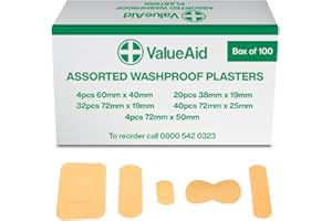 Value Aid Assorted Washproof Plasters - Pack of 100 Individually Wrapped Hypoallergenic, Latex-Free Adhesive - 5 Popular Sizes for First Aid Kit & On-The-Go Medical Supplies