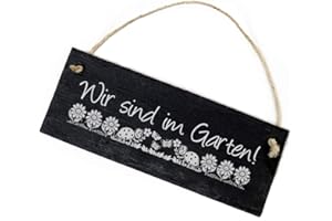 DEKO-LANDO Dekolando Wir sind im Garten Schild aus Schiefer - Blumen Marienkäfer Gravur Türschild Schiefertafel 22x8cm