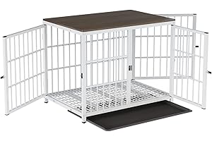 BingoPaw Drewniana skrzynia dla psów wewnątrz: 91 cm styl mebli klatka dla zwierząt domowych stolik końcowy budy dla zwierząt z trzema drzwiami i wyjmowaną tacą dla średnich dużych psów biała
