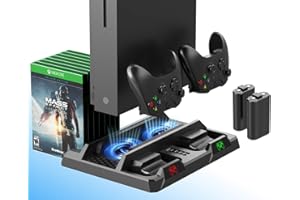 ElecGear Xbox One Supporto Verticale e Ventola di Raffreddamento, 2X Batterie Ricaricabili da 1200mAh per Controller, Stazione di Ricarica Caricabatteria, Giochi Storage per Xbox One, S, X e Elite