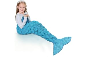 JOLY FANG Coda Sirena Coperta, Coperta a Coda di Sirena per Bambini, Sirena Coperta Realizzata a Mano all'Uncinetto, Regali di Natale, Regalo di Compleanno per Ragazza (Blu)