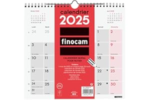 Finocam – Neutral Wall Calendar to Write 2025 1 Month Per Page January 2025 – December 2025 (12 Months) French