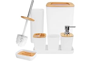 TOTSUN 7 Pieces Bathroom Accessories Set, Luxury Plastic Bathroom Accessories Set Bamboo Cover, Bathroom Bin and Toilet Brush Set with Soap Dispenser, Toothbrush Cup, Toothbrush Holder, Soap Dish