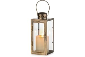 NUPTIO Linternas Vintage Oro Distressed: 24cm Alto Colgante Decorativo Farmhouse Metal Farol Decoración Interior con Vidrio - Portavelas para Halloween Hogar Manto Sala Patio