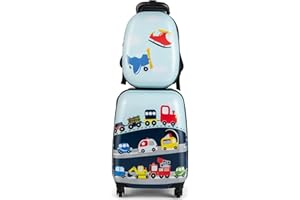 MonTravel Set Trolley per Bambini 2 Pezzi Valigia Rigida e Zainetto Coordinato Bagaglio a Mano con Ruote Girevoli per Viaggio Scuola e Tempo Libero 46,5x22x32,5 cm Fantasia Traffic