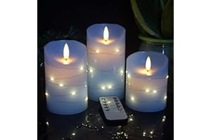 DANIP Himmelblaue LED-Kerzen Eingebaute Sternenkette 3 Kerzen mit 11-Tasten-Fernbedienung 24-Stunden-Timer Tanzende Flamme Echtwachs batteriebetrieben.