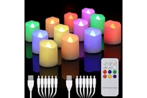 ZIYOUDOLI 12 RGB Colore Candele LED Ricaricabile USB con Telecomando Timer Fiamma Tremolante, Luce Bianca Calda, Candele a LED Elettrica, Dimmerabili, Decorazione per Natale Halloween Feste Famiglia