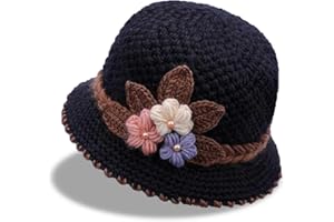 RUVE French Thicken Women's Flowers Knitted Woolen Hat, Lady Knitted Crochet Beanie Hat with Flower for Winter Warm Windproof