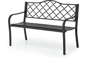 RELAX4LIFE Garden Bench, 2-3 Seater Metal Patio Park Slatted Chair Seat with Armrest & Backrest, Outdoor Furniture Leisure Loveseat for Porch, Lawn and Yard (128 x 60 x 87cm)