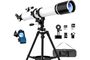 FAMIROSA Télescope, 90 mm Ouverture 900mm Télescope Astronomique pour Adultes, Telescope Réfracteur Professionnel, 36X-270X Portable Télescopes, avec Adaptateur, Trépied et Sac de Transport (Blanc)