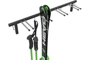 QLS Handels S3 Support mural pour 4 paires de skis de 83 cm, bâtons de trekking et porte-skis avec barre à crochets et revêtement en caoutchouc