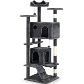 Scratching Tree for Large Cats 150 cm, Grey Multi-Level Tower with 2 Caves, Top Bed, Platforms, Sisal Posts,
