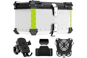 SEASAND Motorcycle Top Case, Tail Box Aluminum Motorcycle Storage Box Luggage Trunk, with Motorcycle backrest and Mobile Phone Holder (65L, Silver)