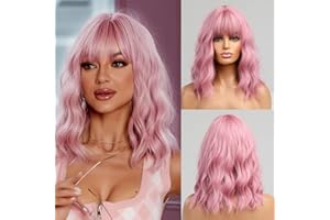 QIHANG Perruque Rose Femme Bob Courte avec Frange 14 poucesPerruque Bouclée Longueur d'épaule Synthétique Perruques Rose Pastel pour les femmes