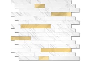 YIPSCAZO 20 - Sheet Peel and Stick Backsplash Wall Tile, PVC Kitchen Backsplash, Stick on Tiles for Backsplash Kitchen (12'' X 12'', White with Metal Gold)