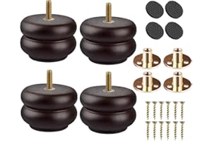 Btowin 3 inch Solid Wood Furniture Legs, 4Pcs Walnut Round Wooden Bun Feet with Threaded 5/16'' Hanger Bolts & Mounting Plate & Screws for Sofa Cabinet Bed Chair
