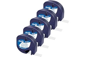 CNMTCCO 5x Etikettenband kompatible für Dymo Letratag 12mm x 4m, Kunststoff Schriftband für Dymo Beschriftungsgerät LT-100H LT-100T 200B XR 91221 S0721660, Schwarz auf Weiß