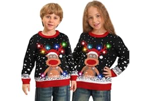 Kouric Jersey Navideño Niño con Luces,Jersey Navidad Niño/Niña con Estampado de Reno en la Nieve,Ugly Christmas Sweater,Jerseys Navideños con Luces,Suéter Navideño Gracioso,Christmas Jumper