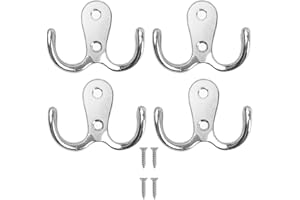 SOFTCUTELEE Double Prong Coat Hook Robe Hooks Dual Coat Hooks Wall Mounted Hanging Clothes Metal Door Hooks for Bathroom Bedrooms Hanging Clothes Robe Towel Kitchen (Sliver) - 4PCS