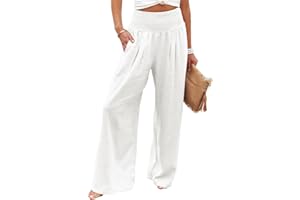Geagodelia Cotton Linen Palazzo Trousers for Women Plus Size Elasticated High Waist Wide Leg Casual Ladies Summer Loose Lounge Beach Trousers with Pockets