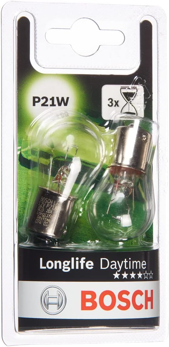 Bosch P21W (382) Longlife Daytime Halogen Headlight Bulbs, 12 V 21 W, Long-lasting - Socket Type BA15s - Pack of 2 Replacement Car Light Bulbs