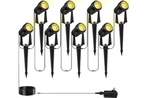 Totofac Foco Proyector Exterior, 28m/92ft 8-in-1 2400LM 2W Focos Jardín 27V COB IP65 Impermeable Blanco Cálido con clavo de tierra para el patio del jardín Caminos Césped, Patios, Entrada de Vehículos